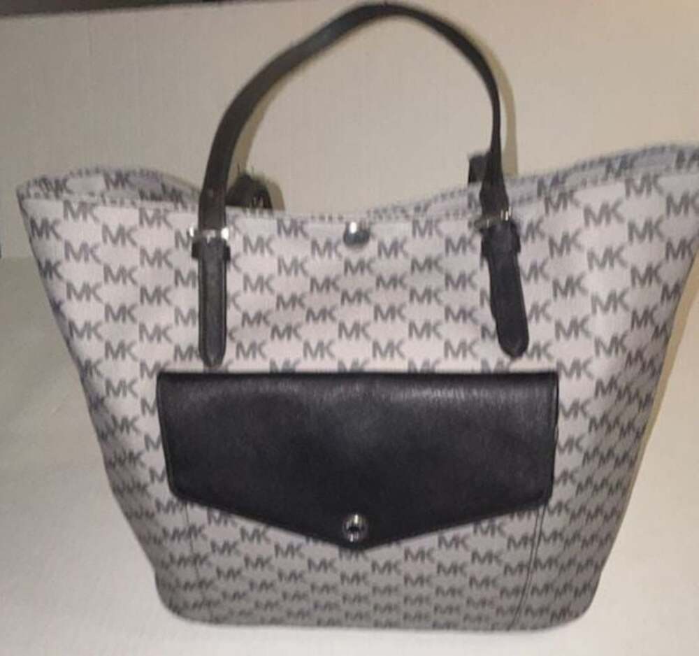 Michael Kors Signature Monogram Coated Canvas Tote Bag with Front Pocket.  Visib